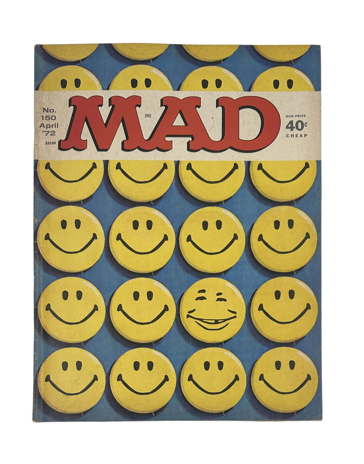 MAD Magazine No. 150 April 1972 cover featuring cheerful smiley face designs with a single unique smile. This issue is part of the MAD collection, showcasing humor and satire.