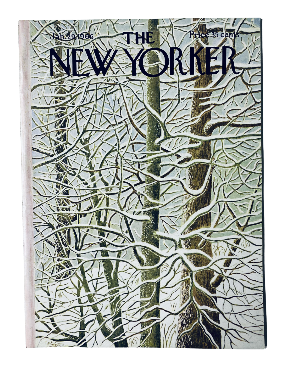 The New Yorker Magazine January 29, 1966 featuring a winter trees cover illustrated by Ilonka Karasz. The cover showcases intricate tree branches in a cold winter landscape.