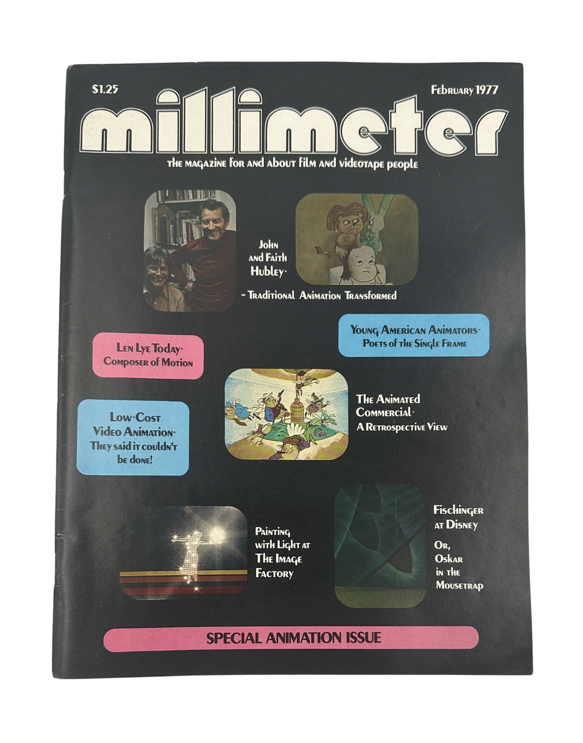 Cover of Millimeter Magazine, February 1977, featuring John and Faith Hubley, with headlines on animation topics such as Len Lye and Oskar Fischinger, and labeled as a special animation issue.