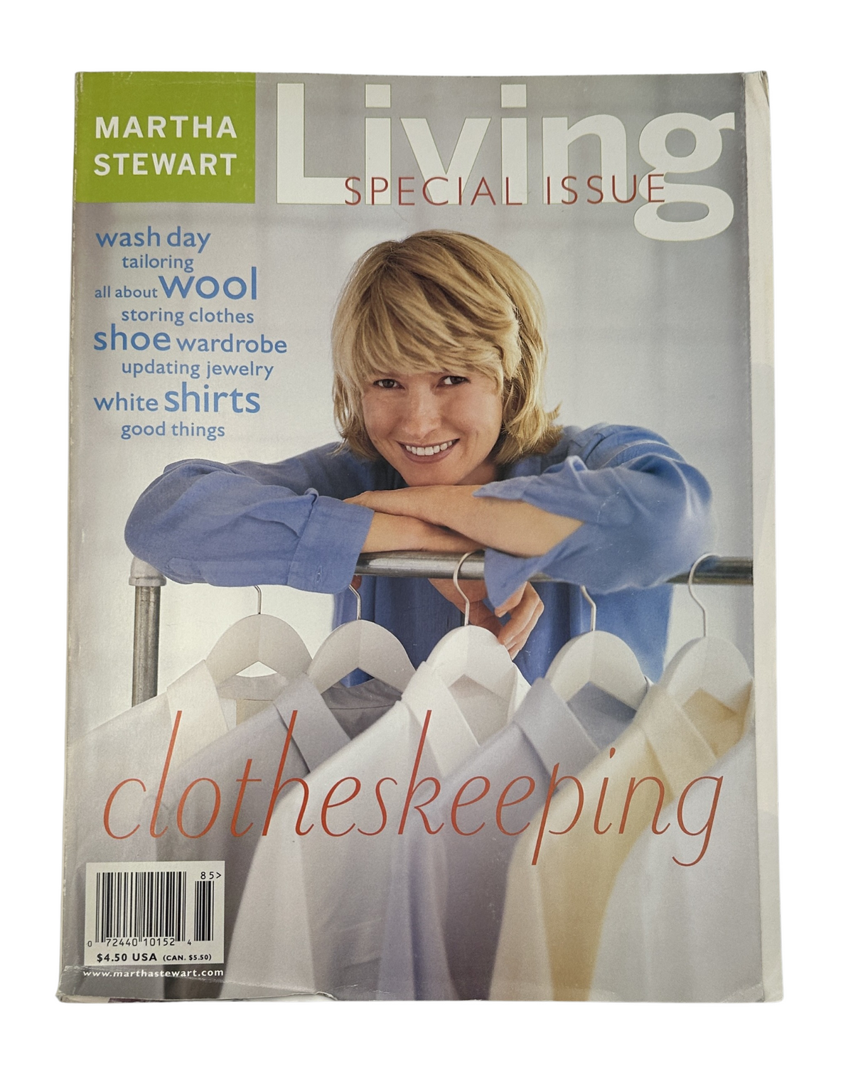 Cover of Martha Stewart Living Magazine Clotheskeeping Special Issue featuring a smiling woman with clean clothes, showcasing topics like washing, tailoring, and caring for wool.