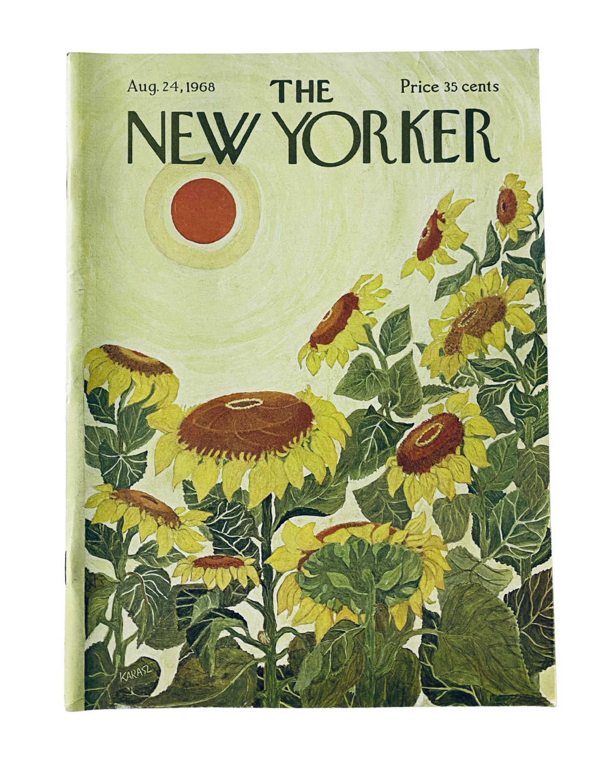Cover of The New Yorker Magazine, August 24, 1968, featuring a vibrant illustration of sunflowers, designed by Ilonka Karasz, priced at 35 cents.