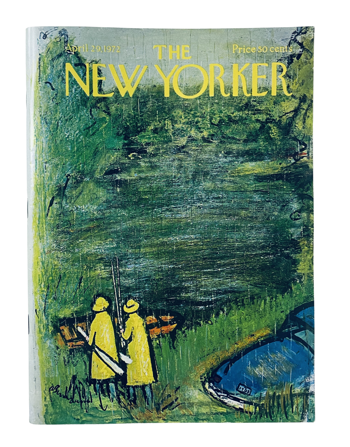 Cover of The New Yorker Magazine dated April 29, 1972 featuring raincoat figures near a pond, illustrated by Abe Birnbaum.