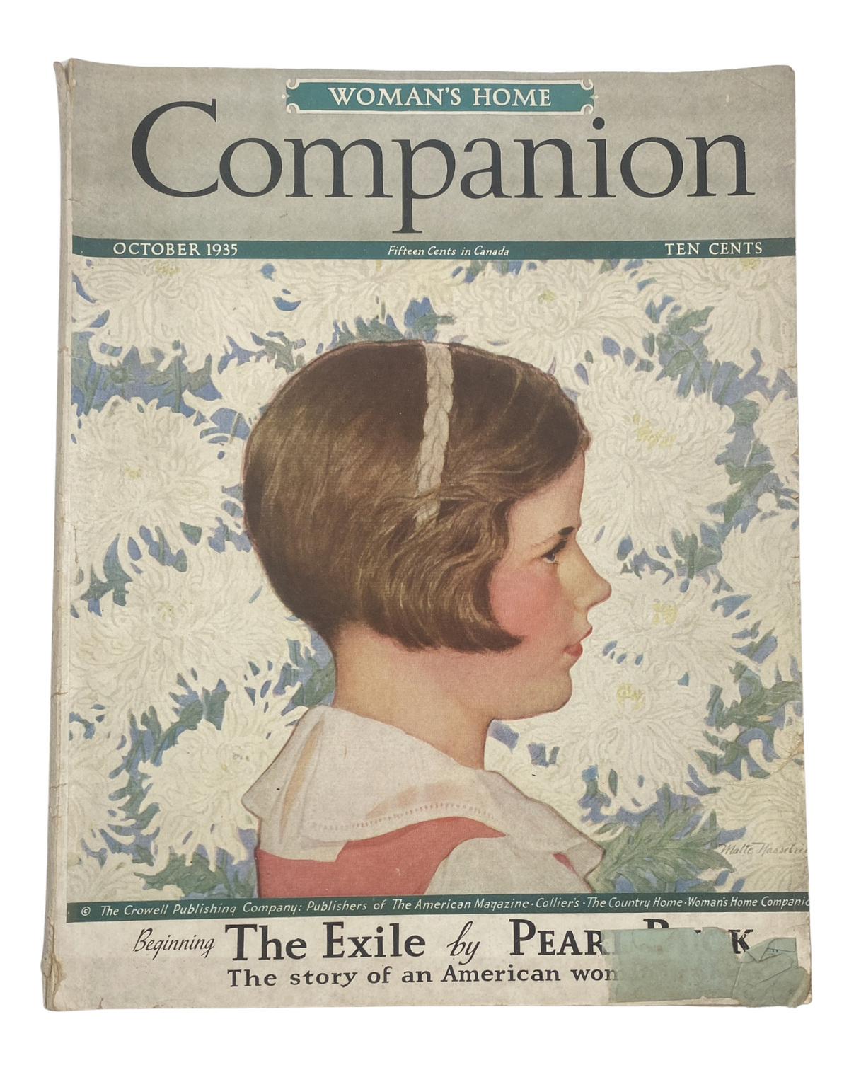 Woman’s Home Companion Magazine October 1935 cover featuring a profile illustration of a young woman among flowers, highlighting the headline 'The Exile by Pearl Buck, The story of an American woman.'