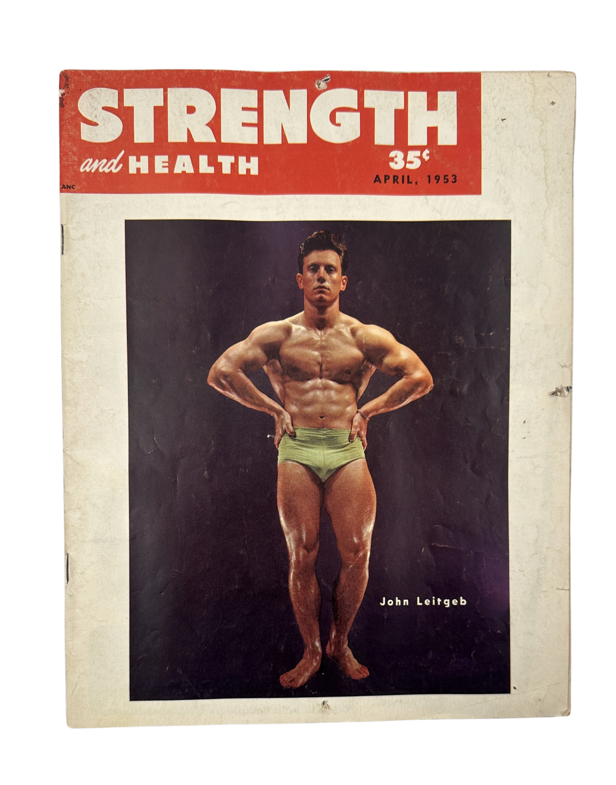 Strength and Health Magazine April 1953 featuring a cover image of bodybuilder John Leitgeb showcasing a muscular physique.