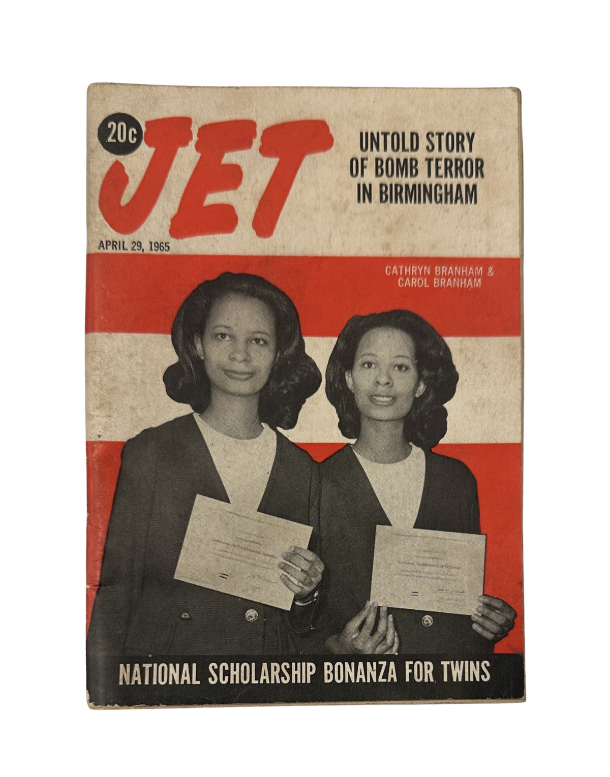 Jet Magazine cover from April 29, 1965 featuring the Branham twins and the headline 'Untold Story of Bomb Terror in Birmingham'.