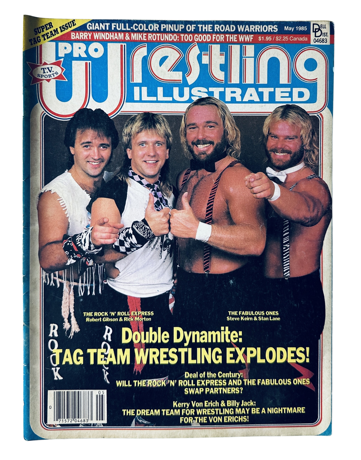 Pro Wrestling Illustrated Magazine May 1985 cover featuring the Rock 'n' Roll Express and The Fabulous Ones, highlighting tag team wrestling; includes article on Barry Windham and Mike Rotundo.