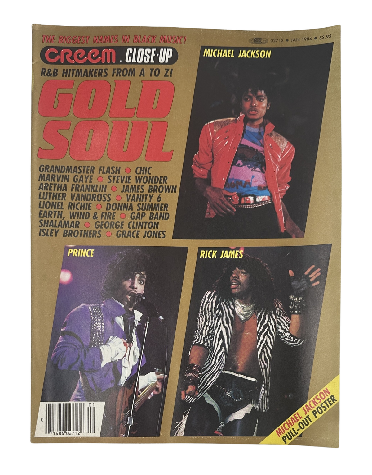 Cover of Creem Close-Up Magazine January 1984 featuring Gold Soul artists including Michael Jackson, Prince, and Rick James. Prominent title emphasizes R&B hitmakers.