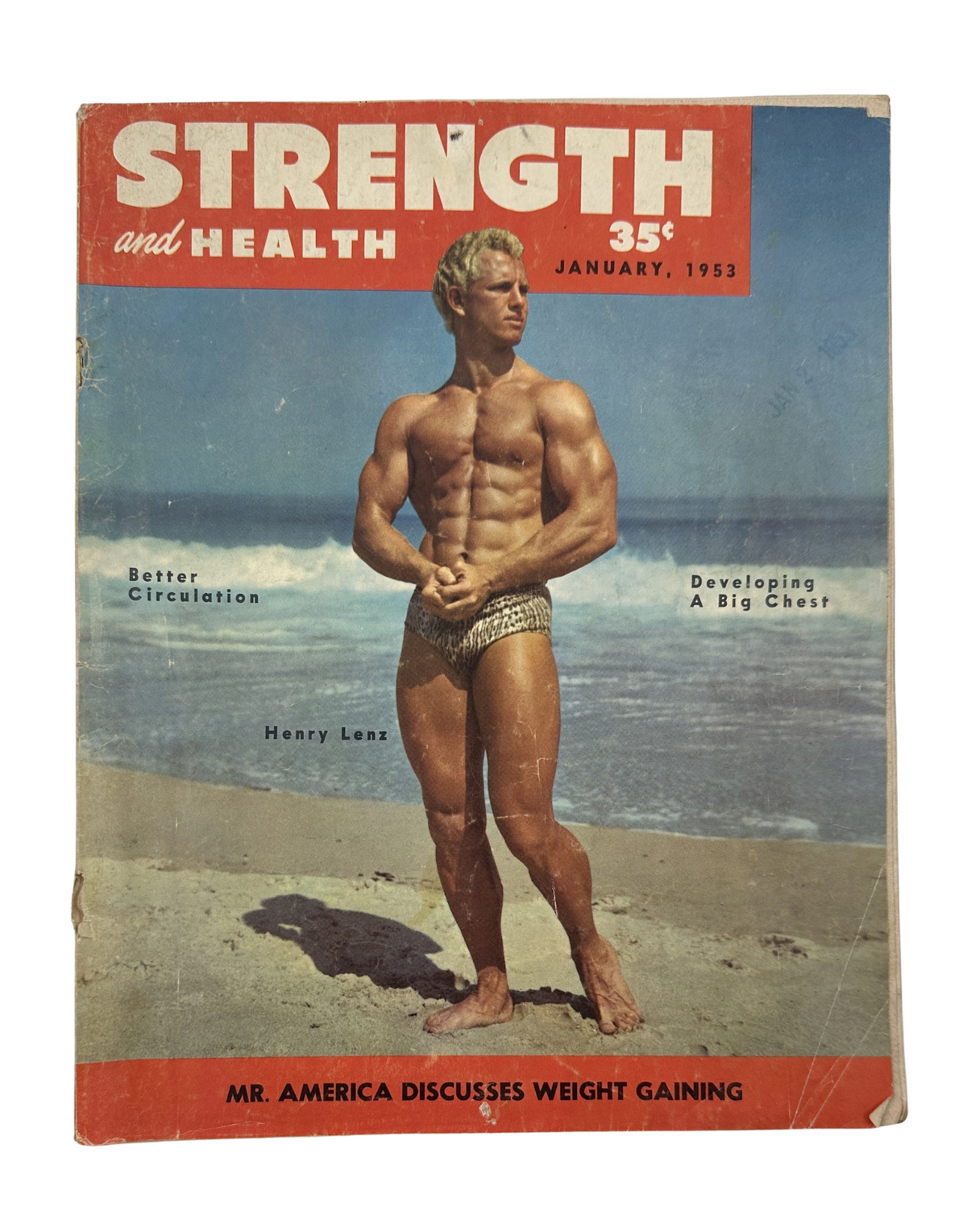 Strength and Health Magazine January 1953 featuring Henry Lenz on the cover, showcasing a muscular man at the beach promoting fitness and bodybuilding.