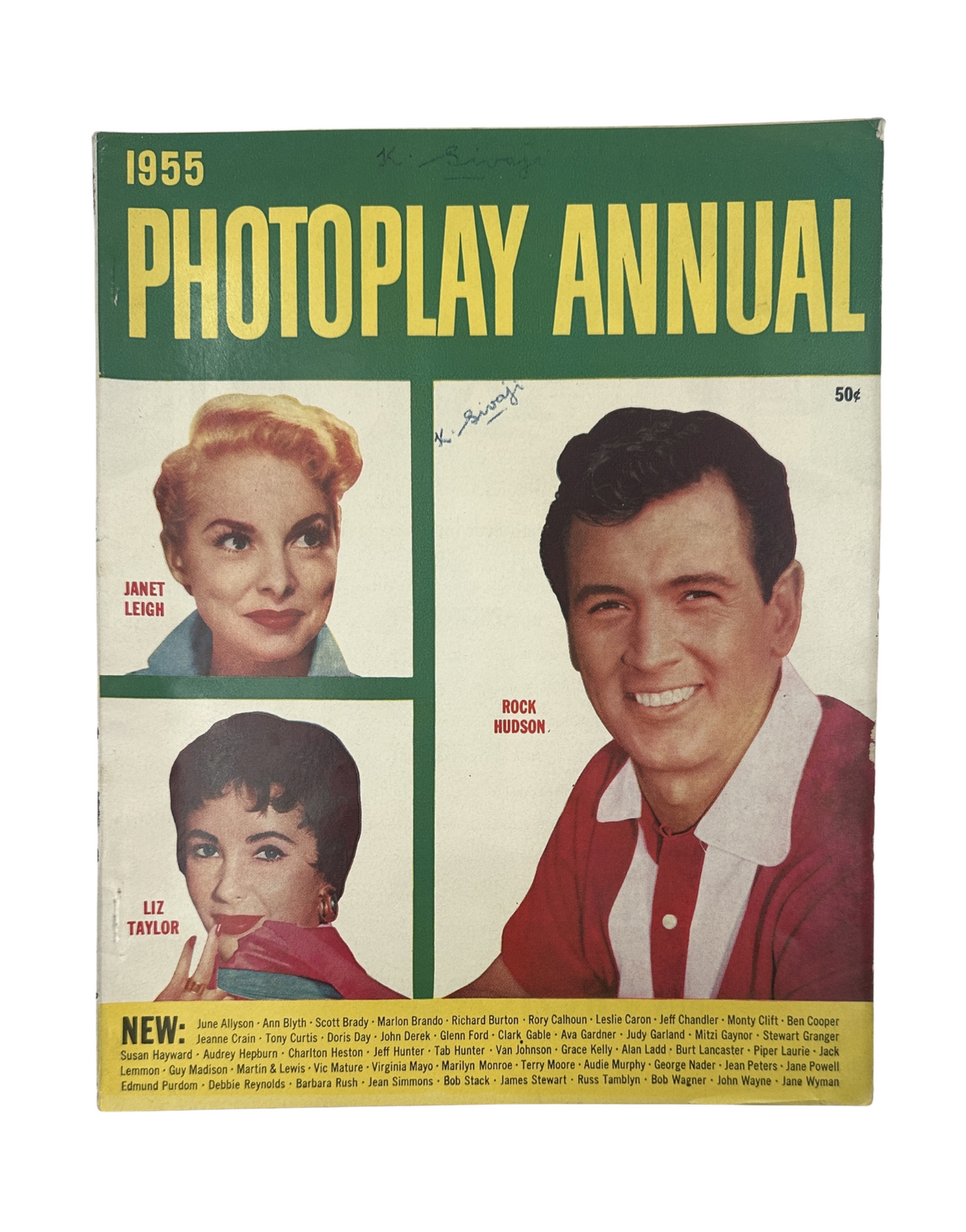 Cover of the 1955 Photoplay Annual magazine featuring portraits of Janet Leigh, Rock Hudson, and Elizabeth Taylor. The magazine highlights popular personalities of the year and showcases memorable moments from 1954 in cinema.