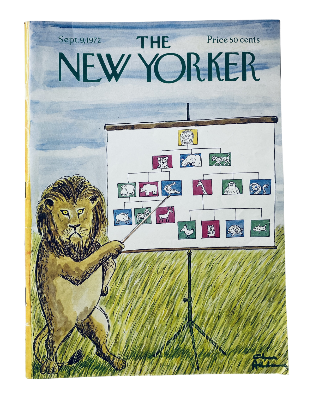 The New Yorker Magazine September 9, 1972 featuring a Charles Addams illustrated cover of a lion presenting a chart with various animals, in very good condition.