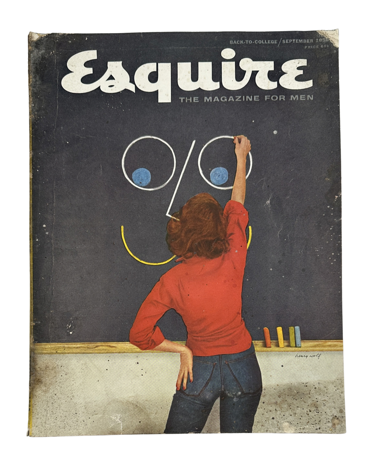 Esquire Magazine September 1955 cover featuring a woman drawing a smiley face on a chalkboard, titled 'The Magazine for Men'.