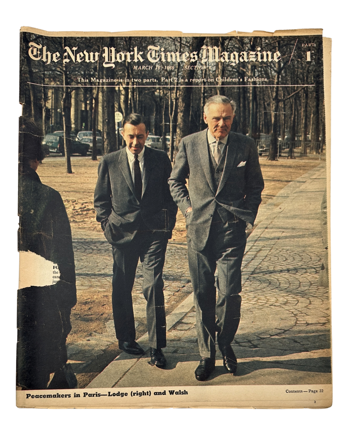 The New York Times Magazine March 16, 1969 cover featuring peacemakers in Paris, Ambassador Henry Cabot Lodge and Lawrence Walsh walking together in a formal setting.