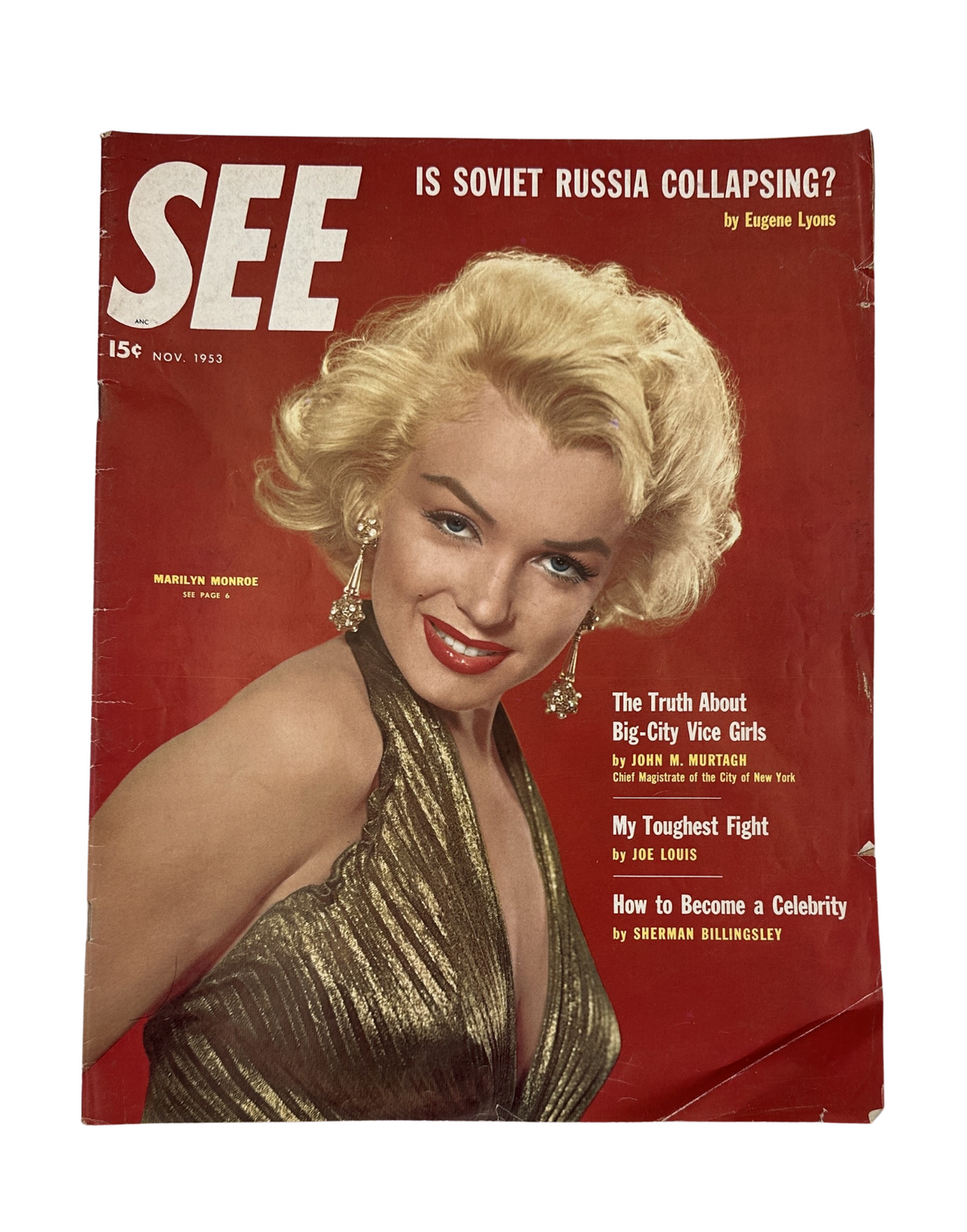 Cover of SEE Magazine, November 1953 featuring Marilyn Monroe with the headline 'Is Soviet Russia Collapsing?' and mentions of articles by Eugene Lyons, John M. Murtagh, Joe Louis, and Sherman Billingsley.