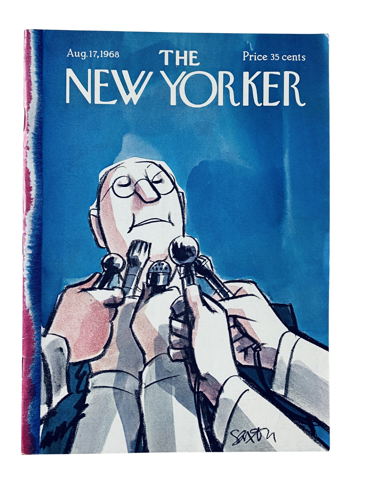 Cover of The New Yorker Magazine August 17, 1968 featuring a satirical illustration by Charles Saxon depicting a press conference with microphones. The magazine is priced at 35 cents.