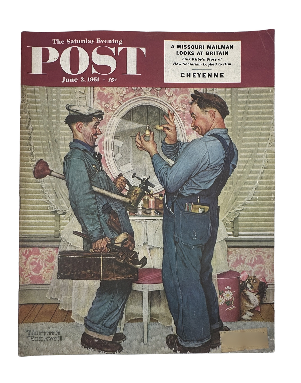 Cover of Saturday Evening Post Magazine from June 2, 1951 featuring a humorous illustration of a Missouri mailman interacting with a local resident in Cheyenne, showcasing classic Norman Rockwell art style.