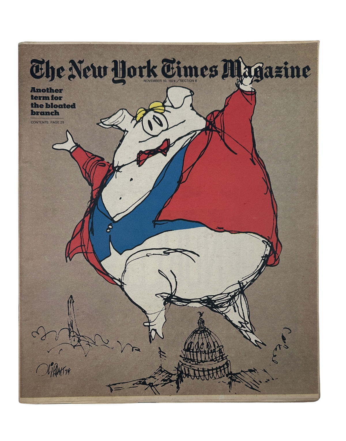Cover of The New York Times Magazine November 10, 1974, featuring a cartoon pig in a suit representing the bloated branch of Congress, illustrated by Pat Oliphant.