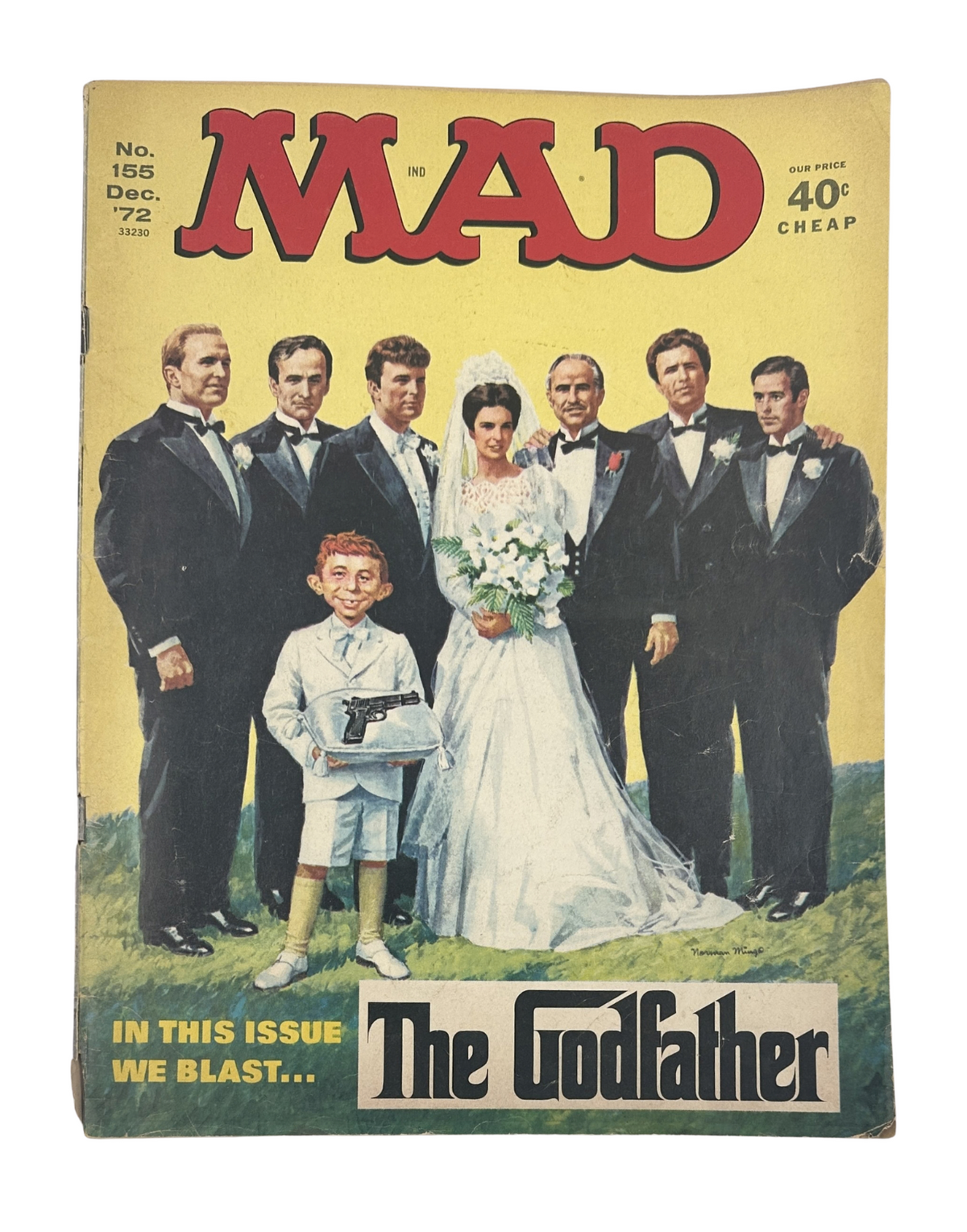 Cover of MAD Magazine No. 155, December 1972, titled 'The Odd Father', featuring a group of well-dressed men and women in a wedding scene parodying 'The Godfather'.