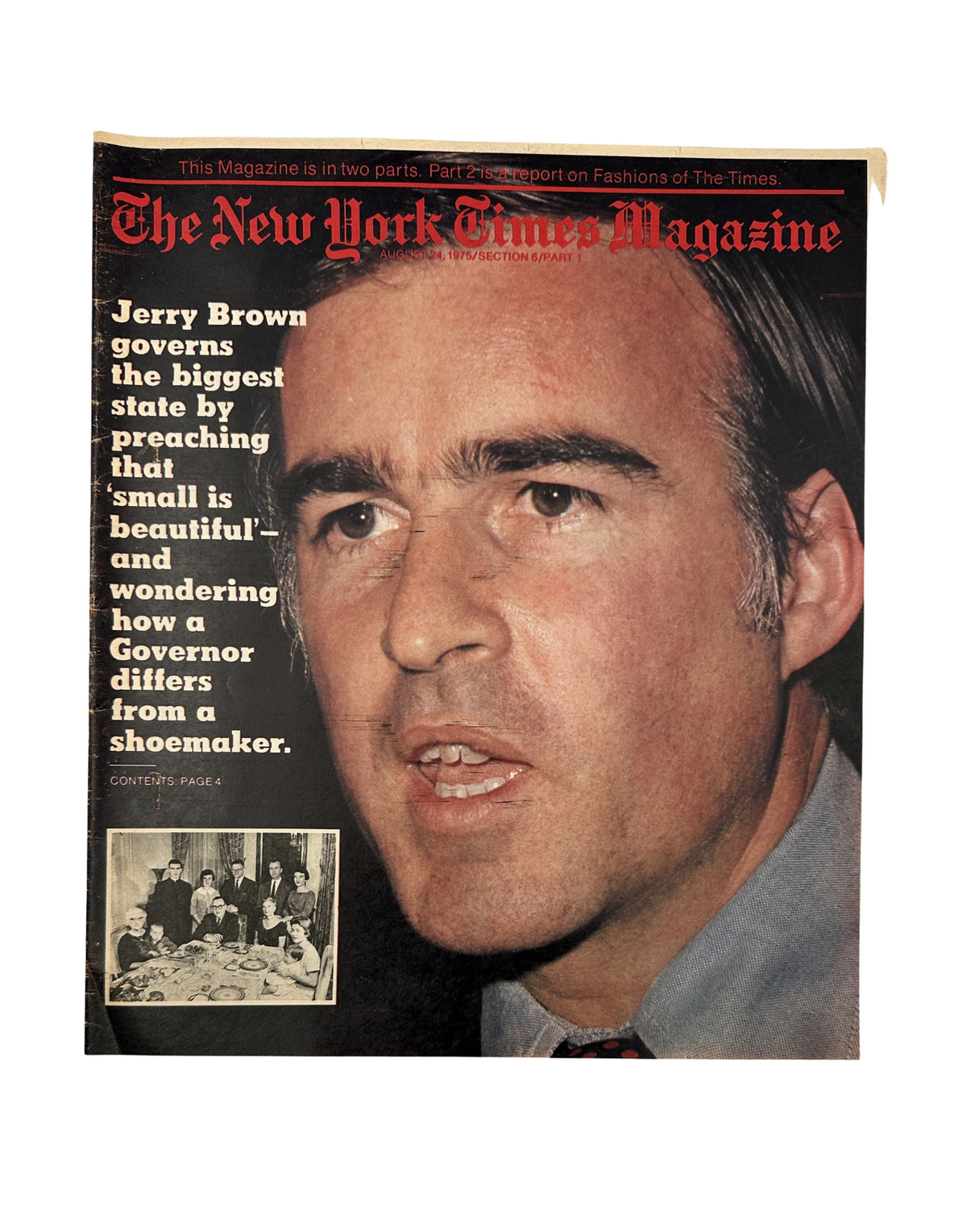 The New York Times Magazine August 24, 1975 featuring front cover image of Jerry Brown, Governor of California, discussing politics with a close-up photograph. The cover highlights the theme of governance and features the title prominently.