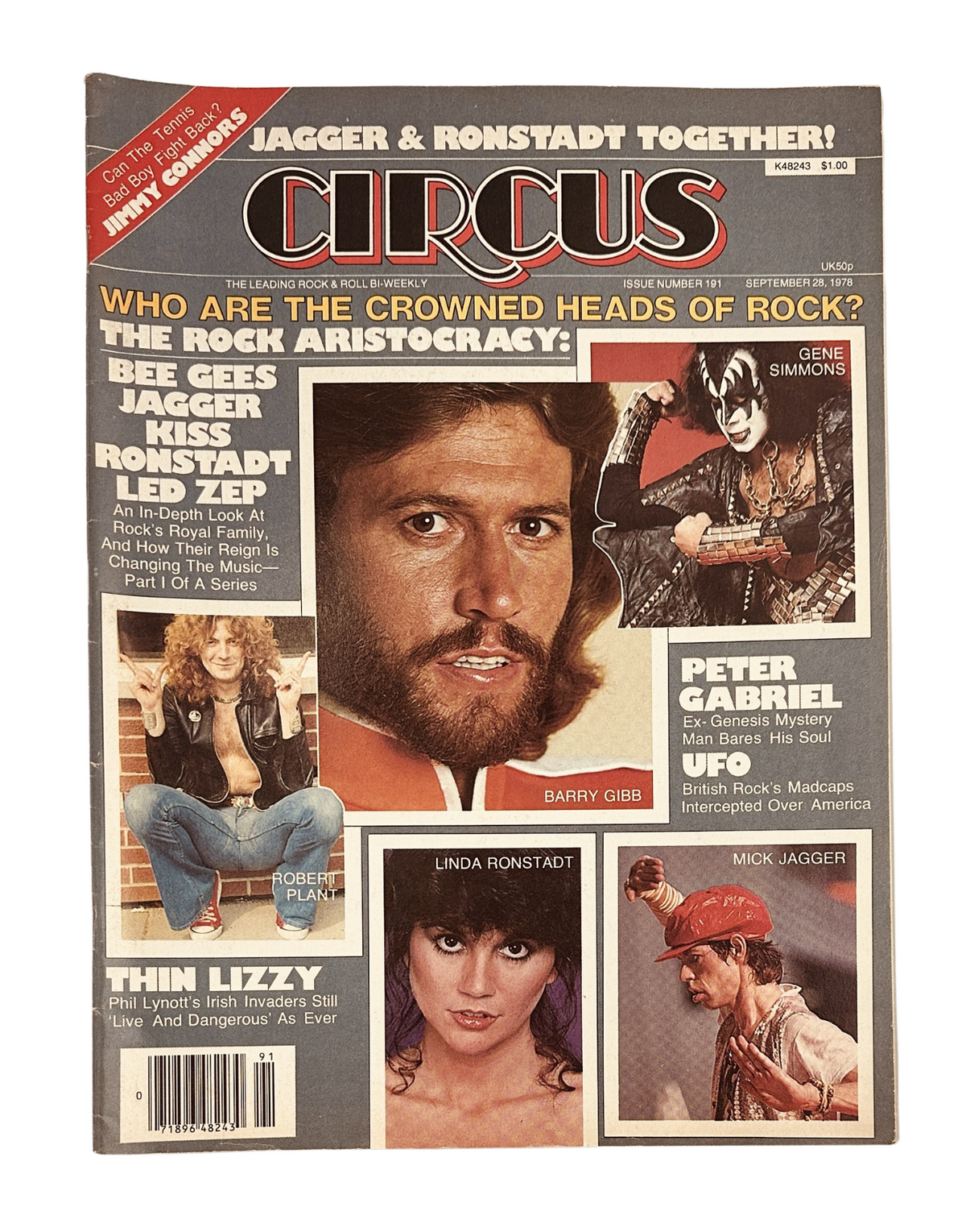 Cover of Circus Magazine September 28, 1978 featuring iconic rock artists including Mick Jagger, Linda Ronstadt, Bee Gees, Kiss, Led Zeppelin, and a special section on rock aristocracy.