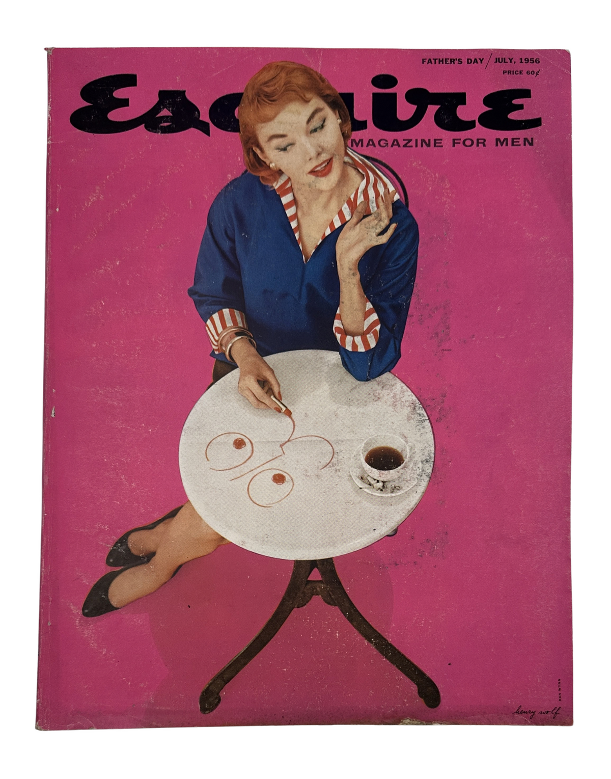 Esquire Magazine July 1956 cover featuring a vibrant illustration of a woman at a table, capturing a retro aesthetic with bold colors, highlighting the issue with pinups including Arlene Dahl and articles from notable writers like Aldous Huxley.