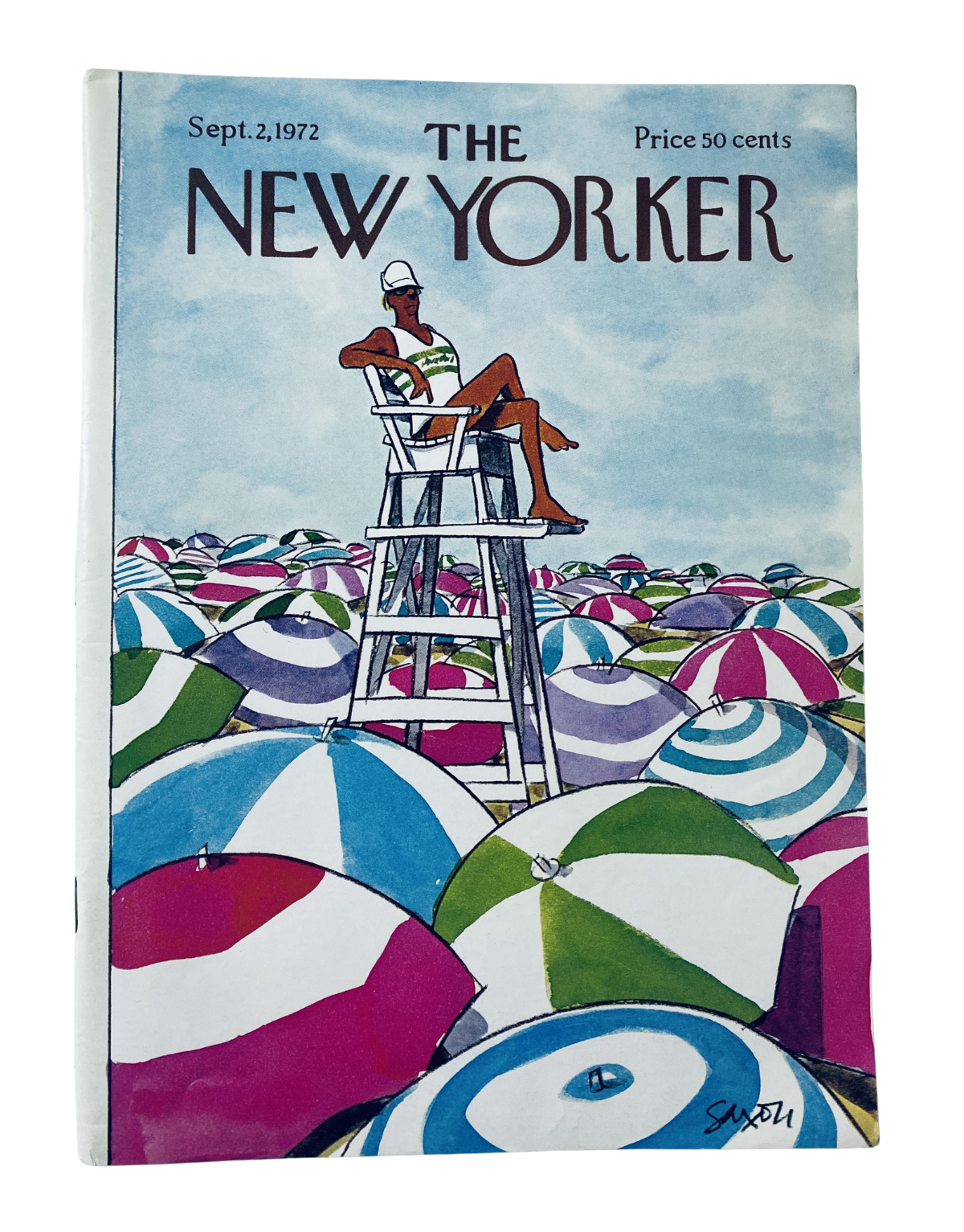 The New Yorker Magazine September 2, 1972 cover featuring a lifeguard sitting on a chair overlooking a beach filled with colorful beach umbrellas, illustrated by Charles Saxon.