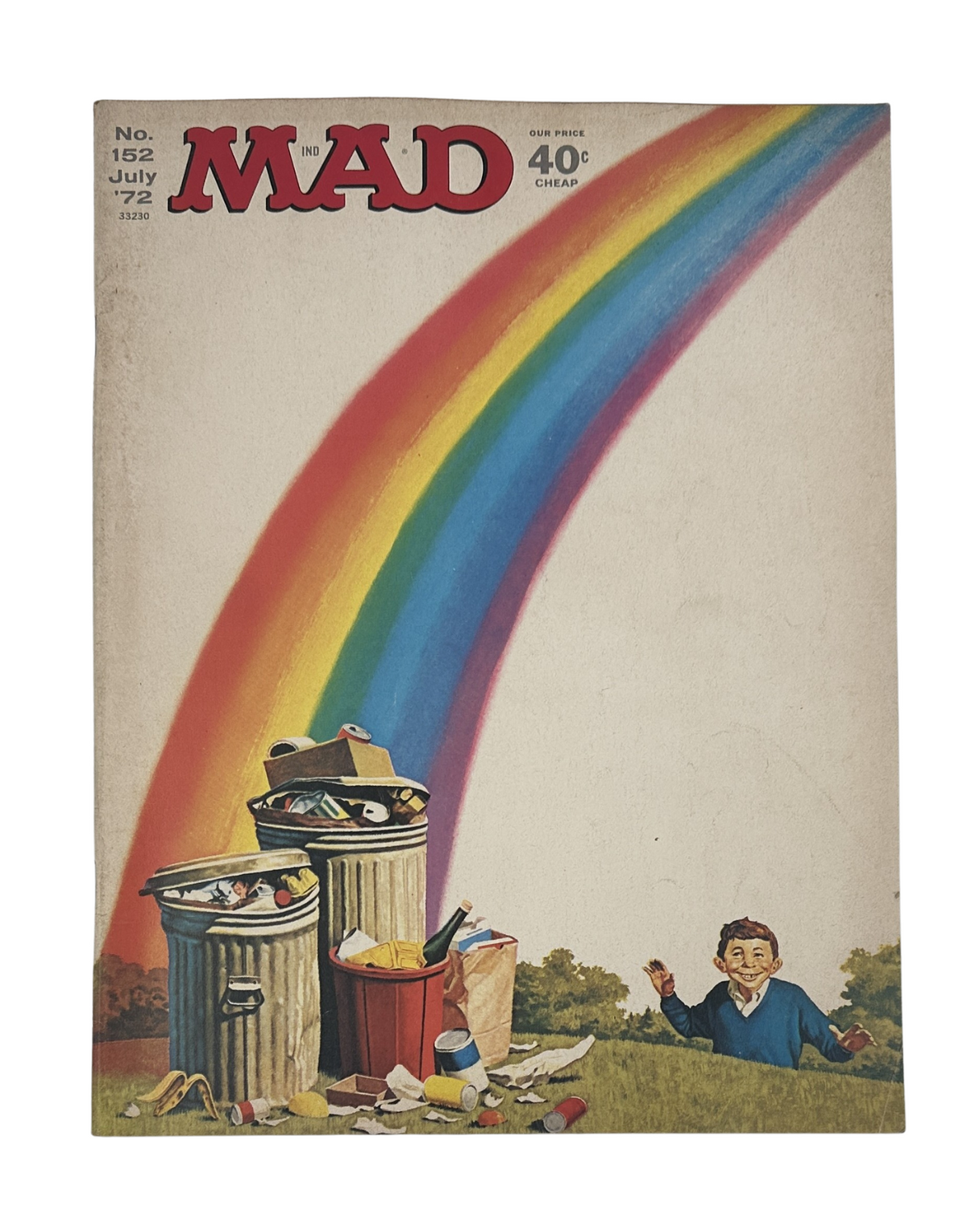Cover of MAD Magazine No. 152 from July 1972 featuring a colorful rainbow over trash bins, depicting a humorous scene related to the issue's theme of manic TV satire.