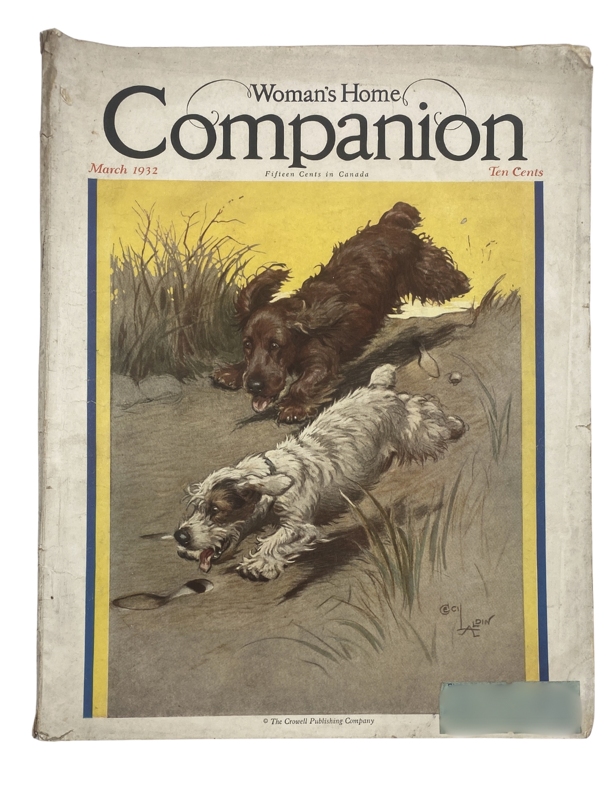 Cover of Woman’s Home Companion Magazine March 1932 featuring an illustration of two dogs by Cecil Aldin, showcasing a vintage design and vibrant colors.