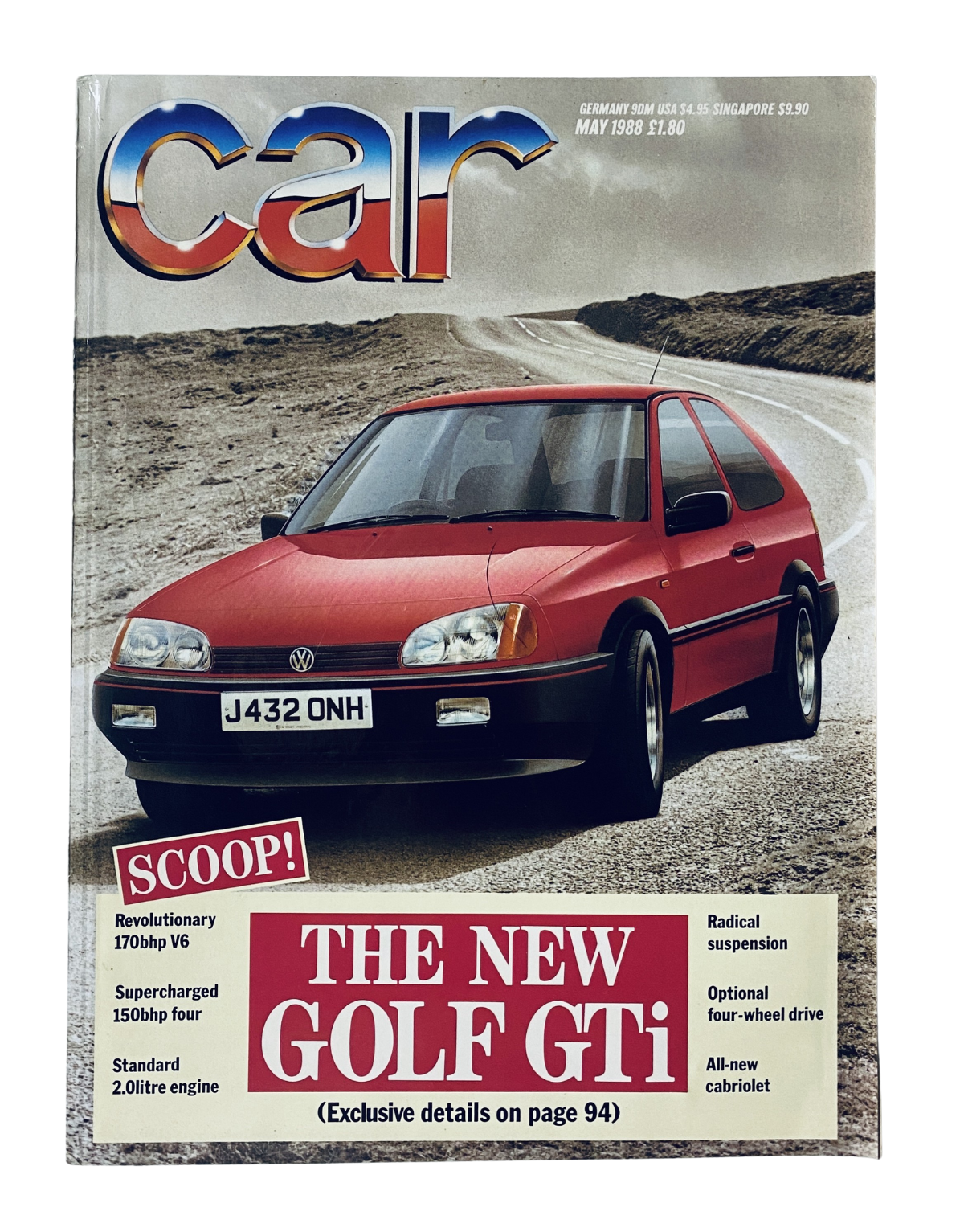 Cover of CAR Magazine, May 1988, featuring a new VW Golf GTi, showcasing the headline 'SCOOP! THE NEW GOLF GTI' with a striking image of the car in a landscape.