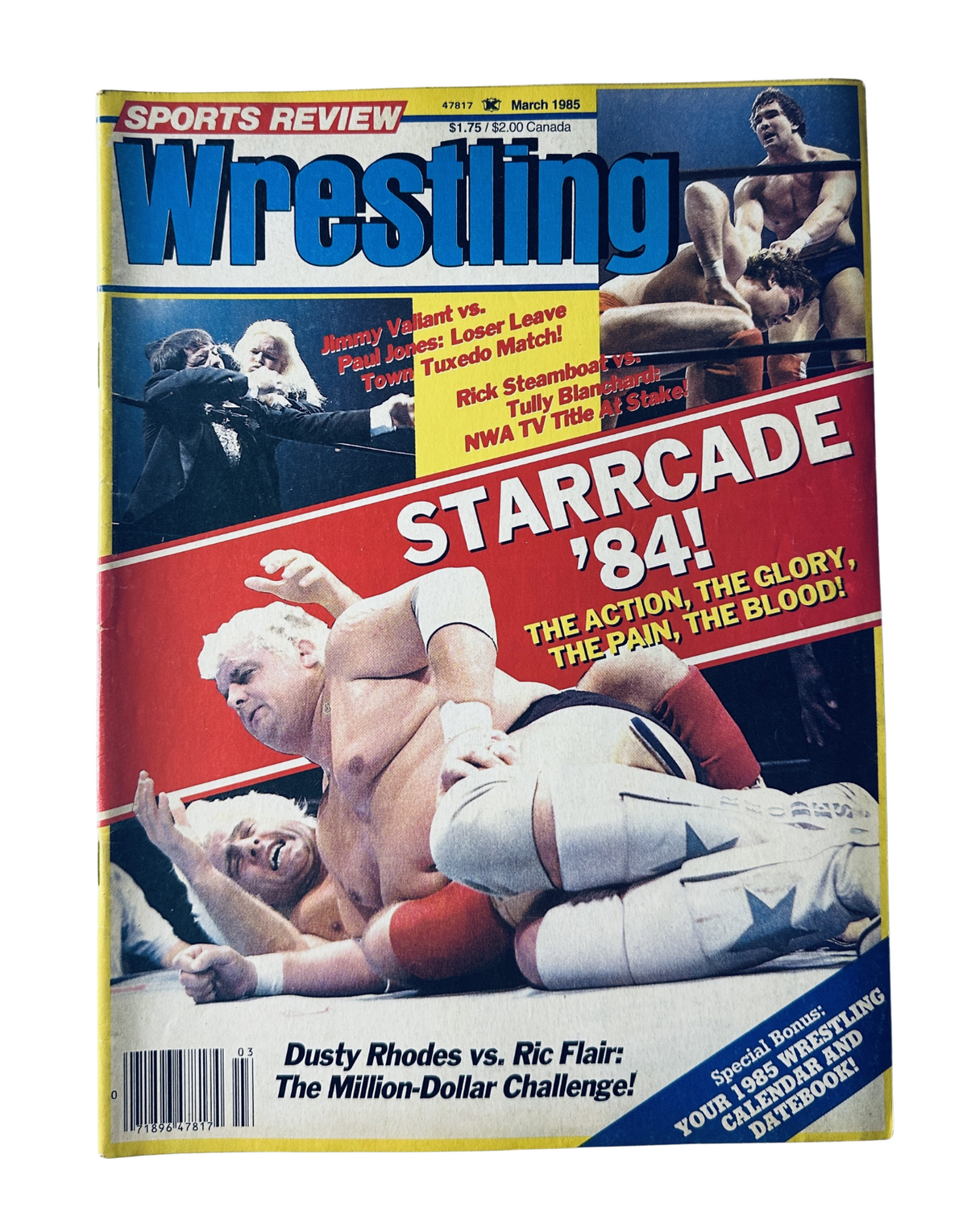 Cover of Sports Review Wrestling Magazine March 1985 featuring Starrcade '84, highlighting Ric Flair and Dusty Rhodes in an action-packed scene with the caption 'The Action, The Glory, The Pain, The Blood!'.