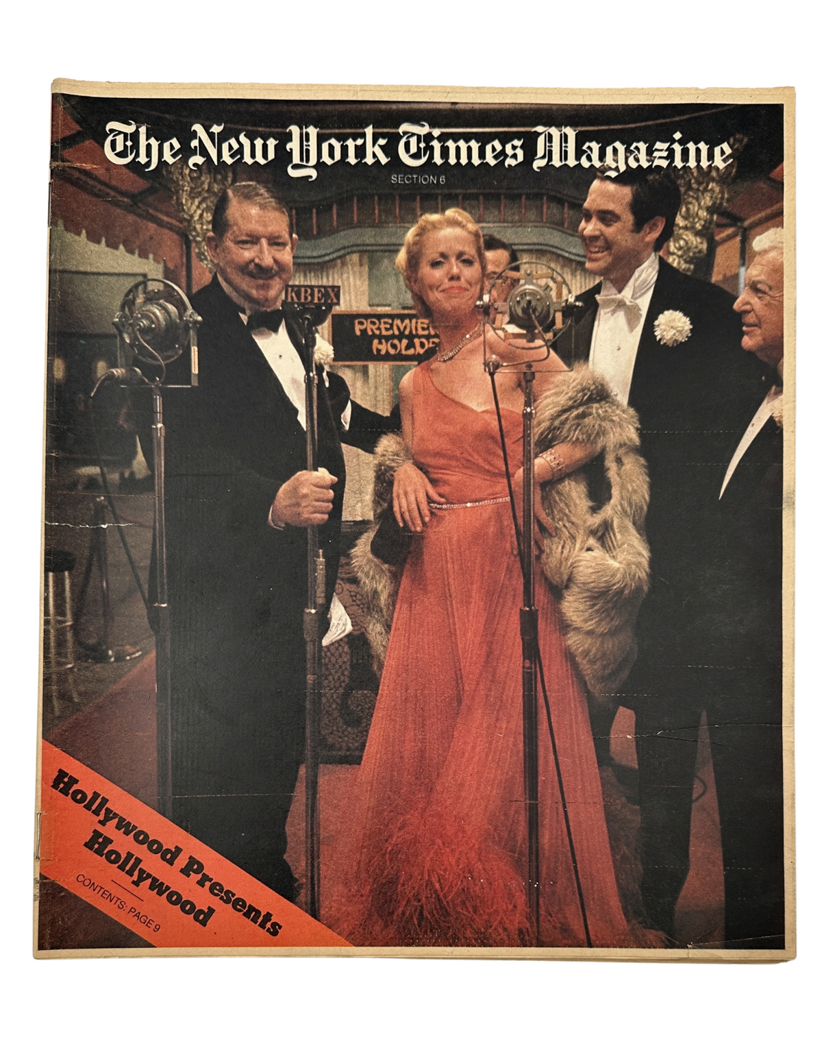 The New York Times Magazine June 2, 1974 cover featuring a Hollywood premiere with elegantly dressed individuals, including a woman in a red gown and men in tuxedos, highlighting classic cinema glamour.