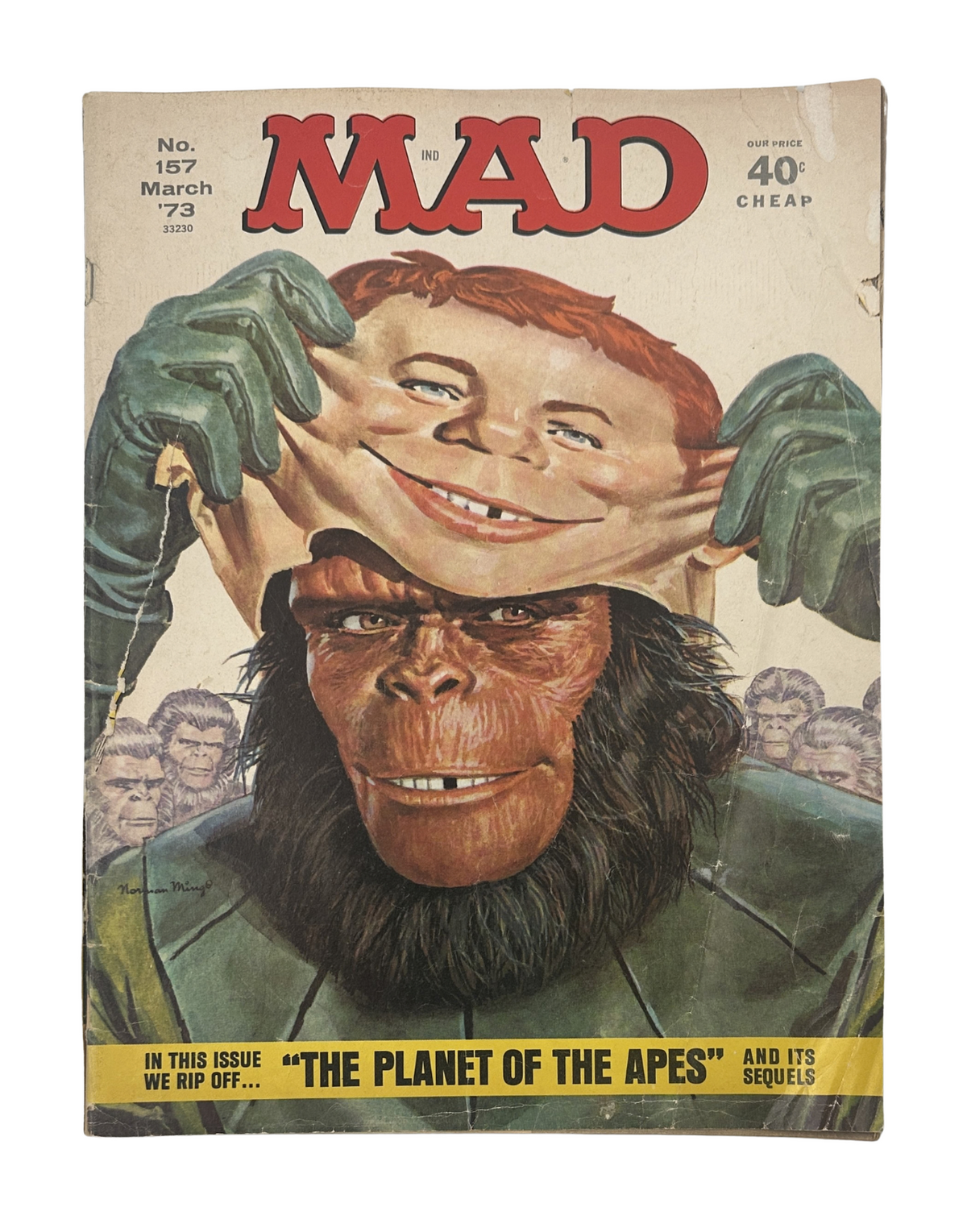 MAD Magazine No. 157, March 1973 cover featuring a gorilla character humorously unmasking a human face, referencing 'The Planet of the Apes' and showcasing vibrant artwork.