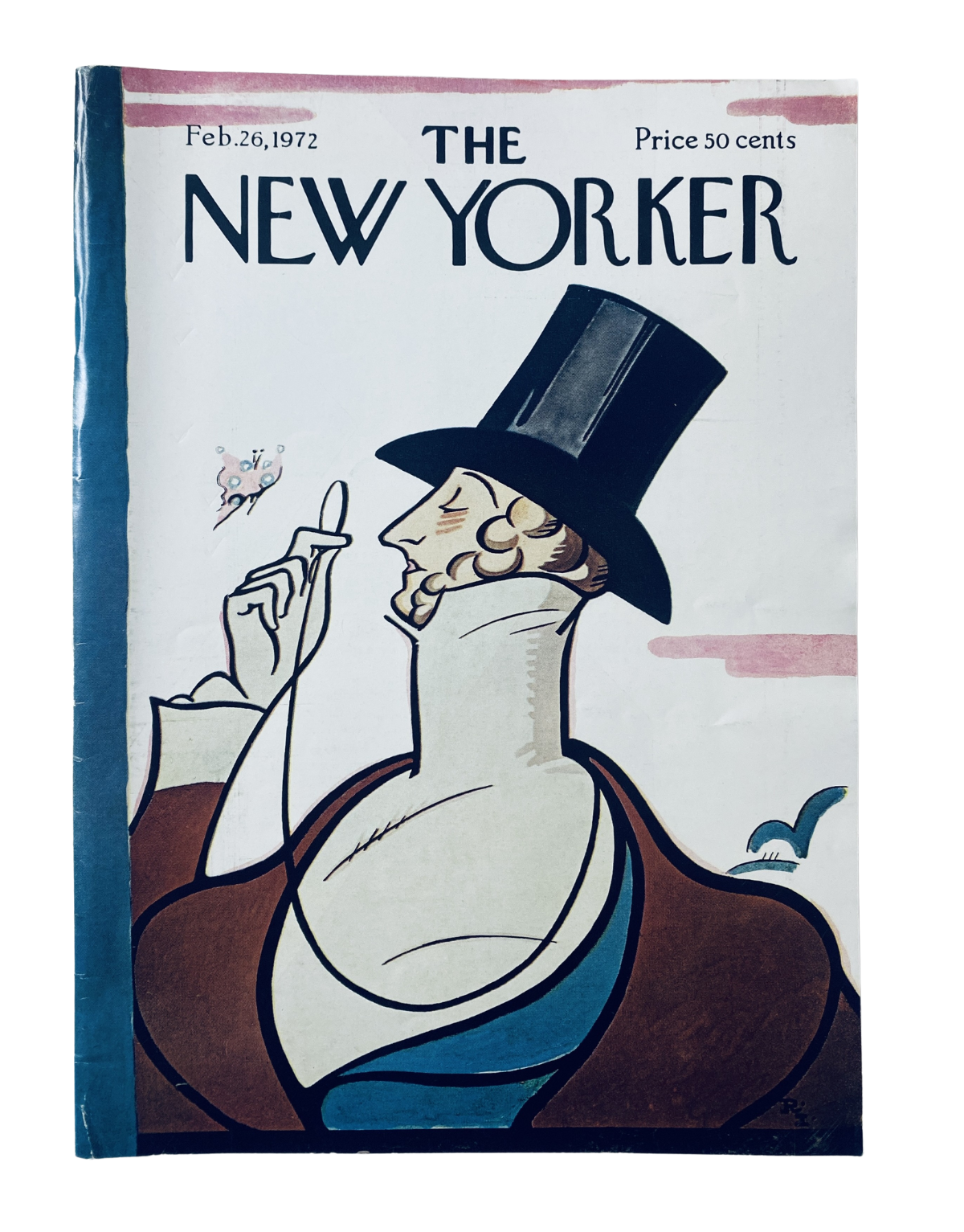 The New Yorker Magazine February 26, 1972 cover featuring a distinguished gentleman in a top hat, illustrated by Rea Irvin, showcasing a stylish vintage aesthetic.