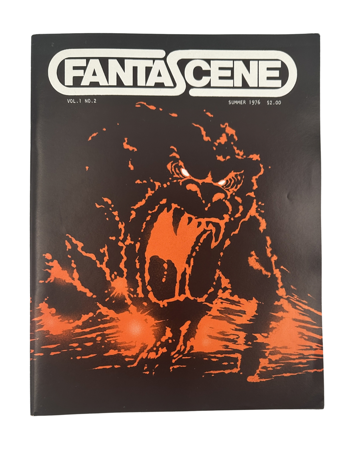Cover of Fantascene Magazine Summer 1976 featuring an illustration of a monster emerging from flames, showcasing the title and volume information.