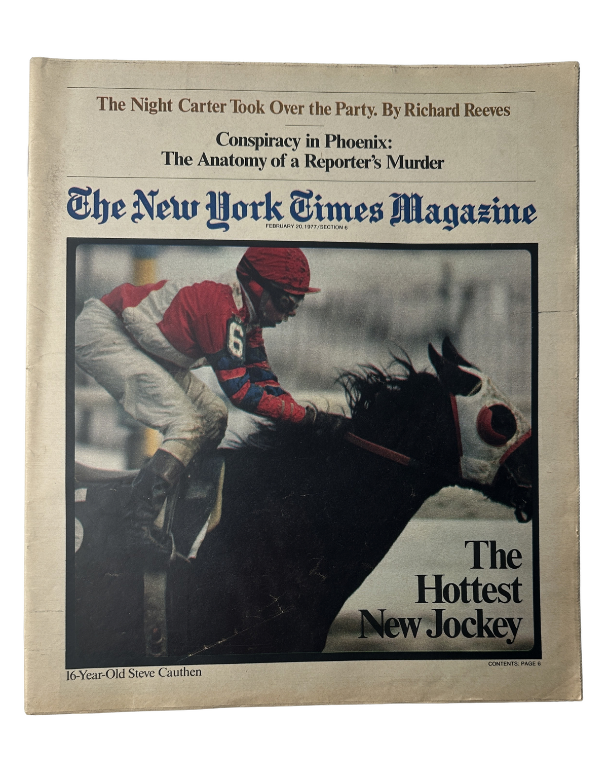 The New York Times Magazine February 20, 1977 cover featuring Steve Cauthen, a young jockey, riding a horse with a brief text highlight about him being the hottest new jockey. The cover includes the title and notable articles inside.