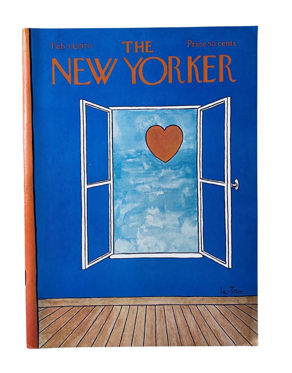 The New Yorker Magazine February 14, 1970 cover featuring a heart-shaped window illustration by Pierre Le-Tan against a bright blue background.