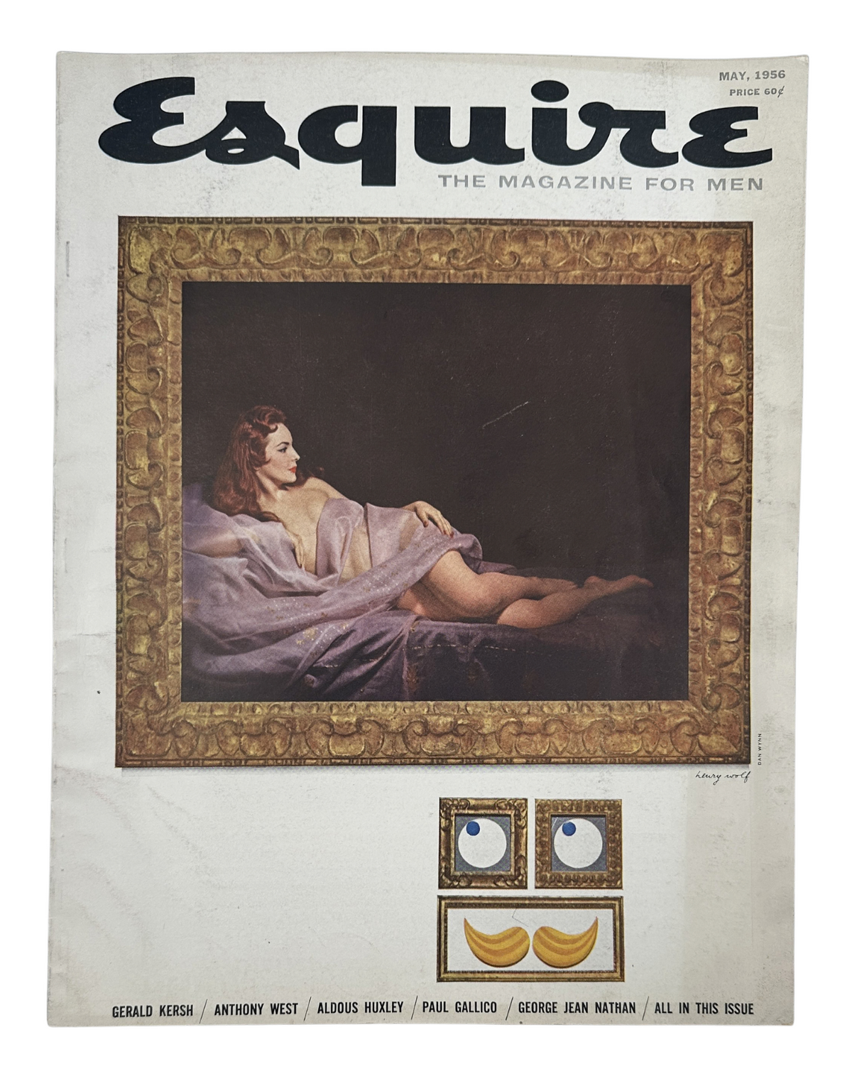 Esquire Magazine May 1956 cover featuring a classic artwork display with a glamorous image of a woman, highlighting Nancy Berg and the issue's focus on notable contributors such as Aldous Huxley.