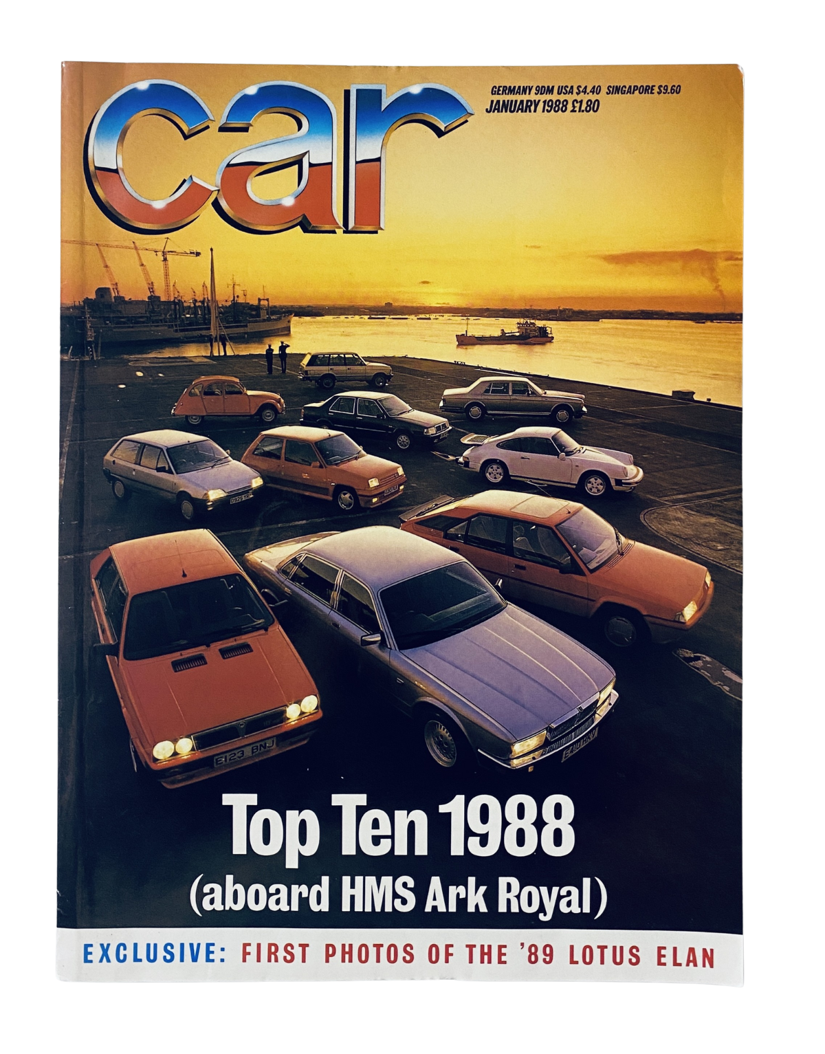 Cover of CAR Magazine January 1988 featuring 'Top Ten Cars' aboard HMS Ark Royal, showcasing various cars including the Lotus Elan.