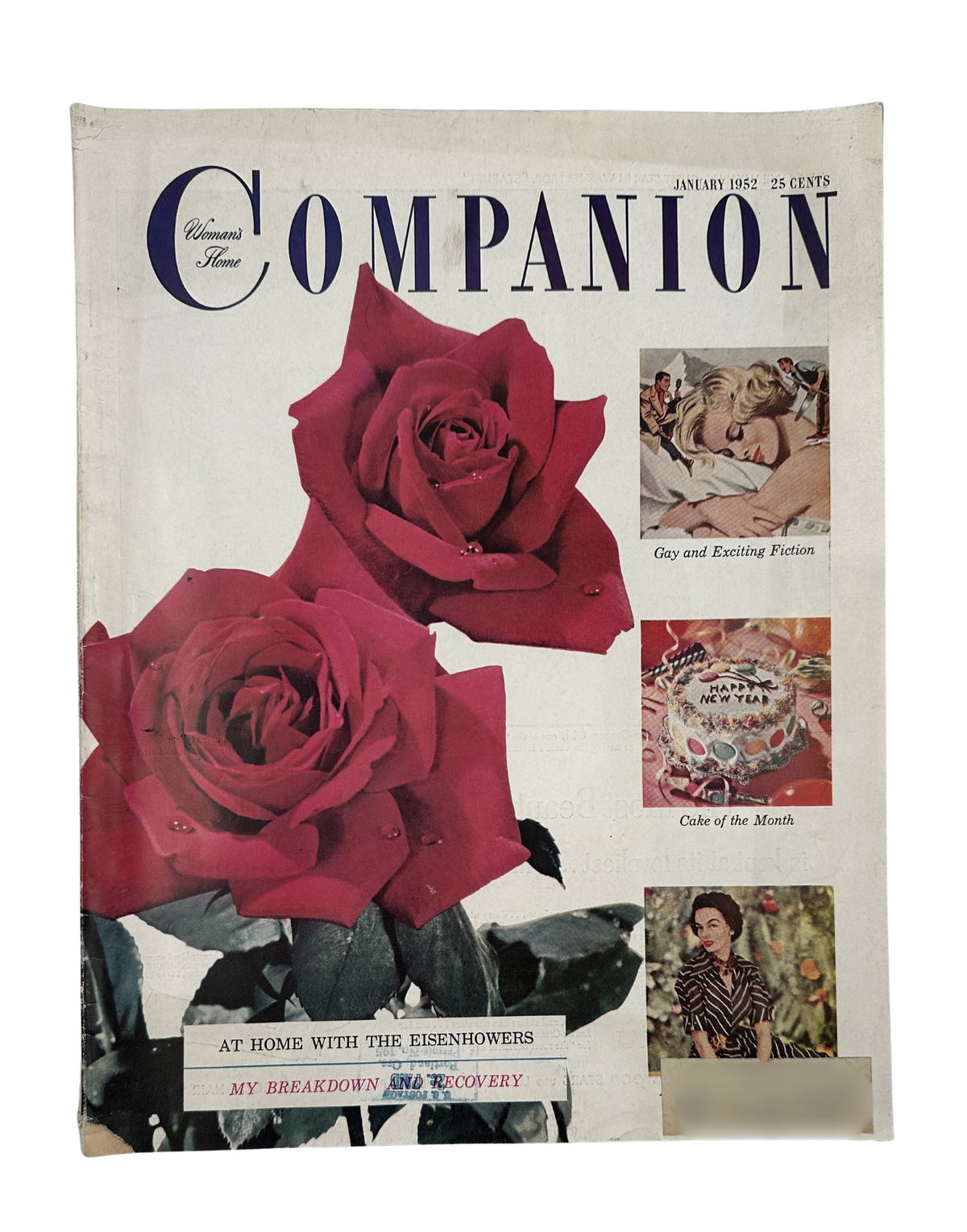 Cover of Woman’s Home Companion Magazine, January 1952 featuring red roses, articles about the Eisenhowers, and a breakdown recovery feature.