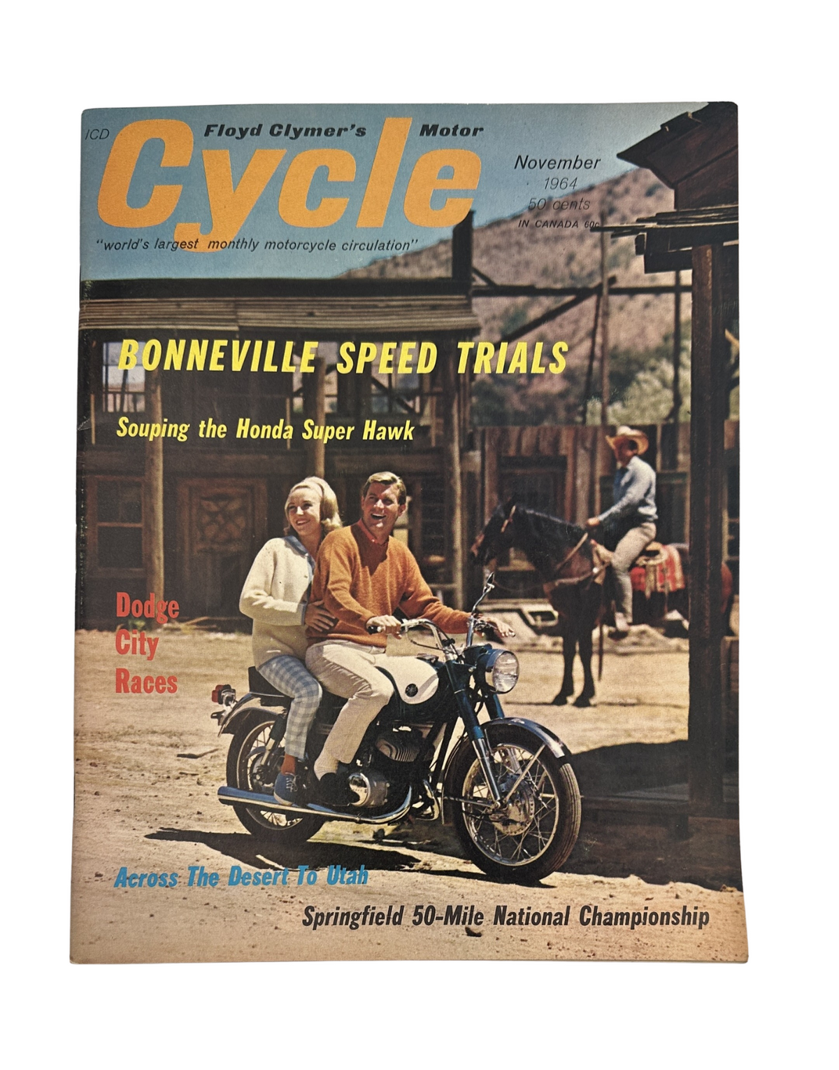 Cycle Magazine November 1964 featuring the Bonneville Speed Trials and Honda Super Hawk on the cover, showcasing vintage motorcycling culture with a scenic backdrop.