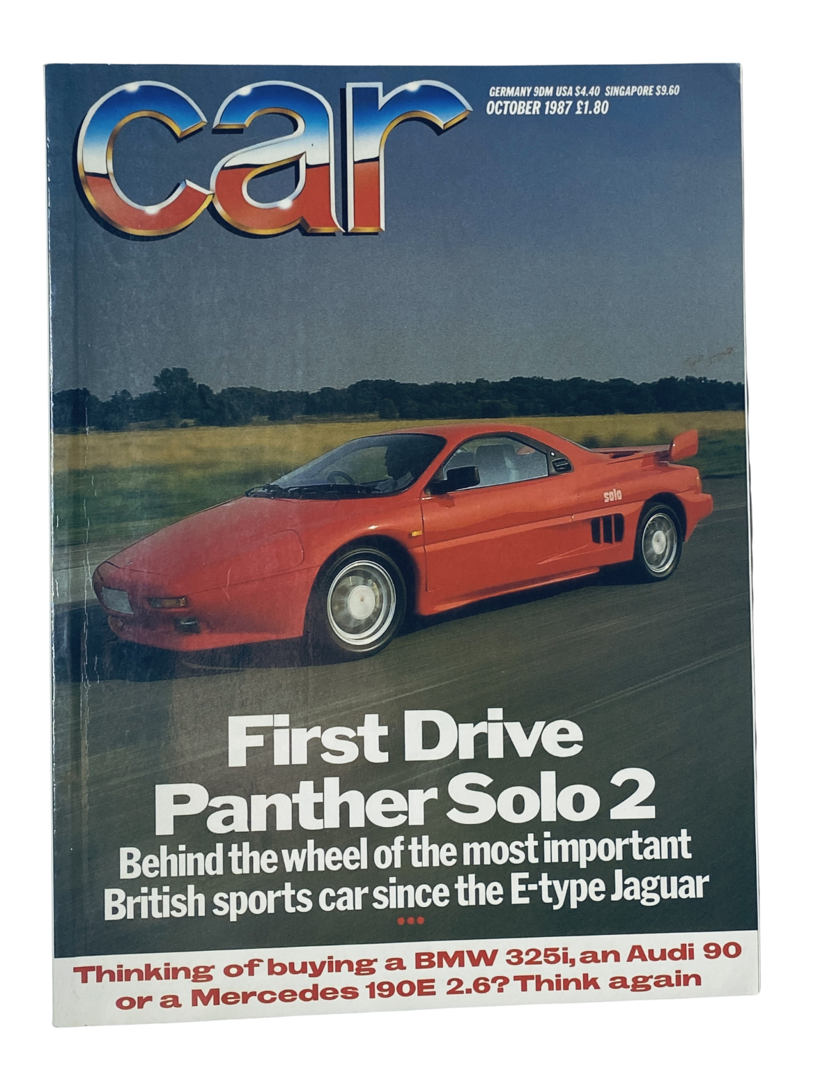 Cover of CAR Magazine October 1987 featuring the Panther Solo 2 on the road, highlighting the first drive of this British sports car since the E-type Jaguar.