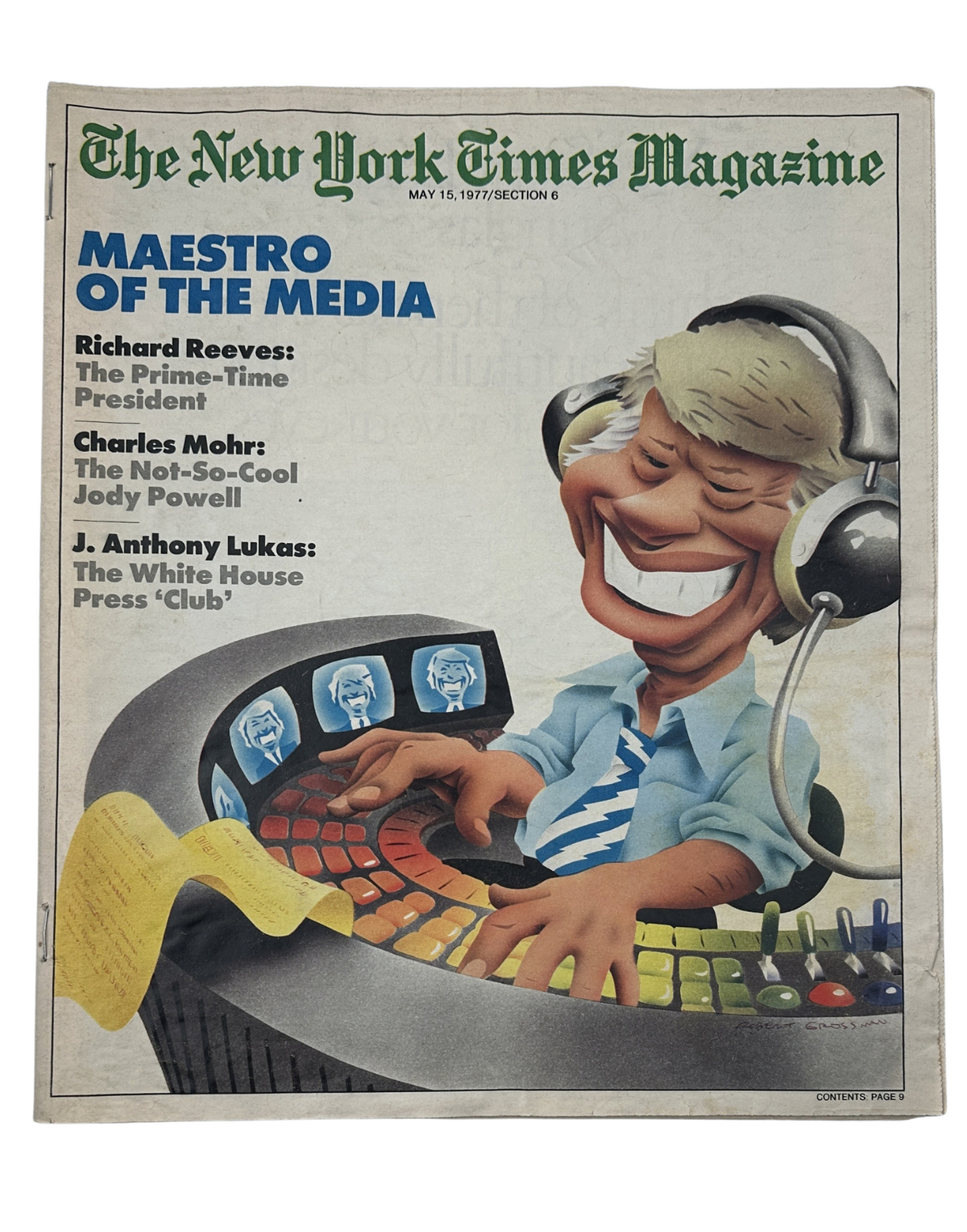 The New York Times Magazine May 15, 1977 cover featuring a cartoon illustration titled 'Maestro of the Media' depicting a joyful media personality wearing headphones and operating a colorful mixing console.