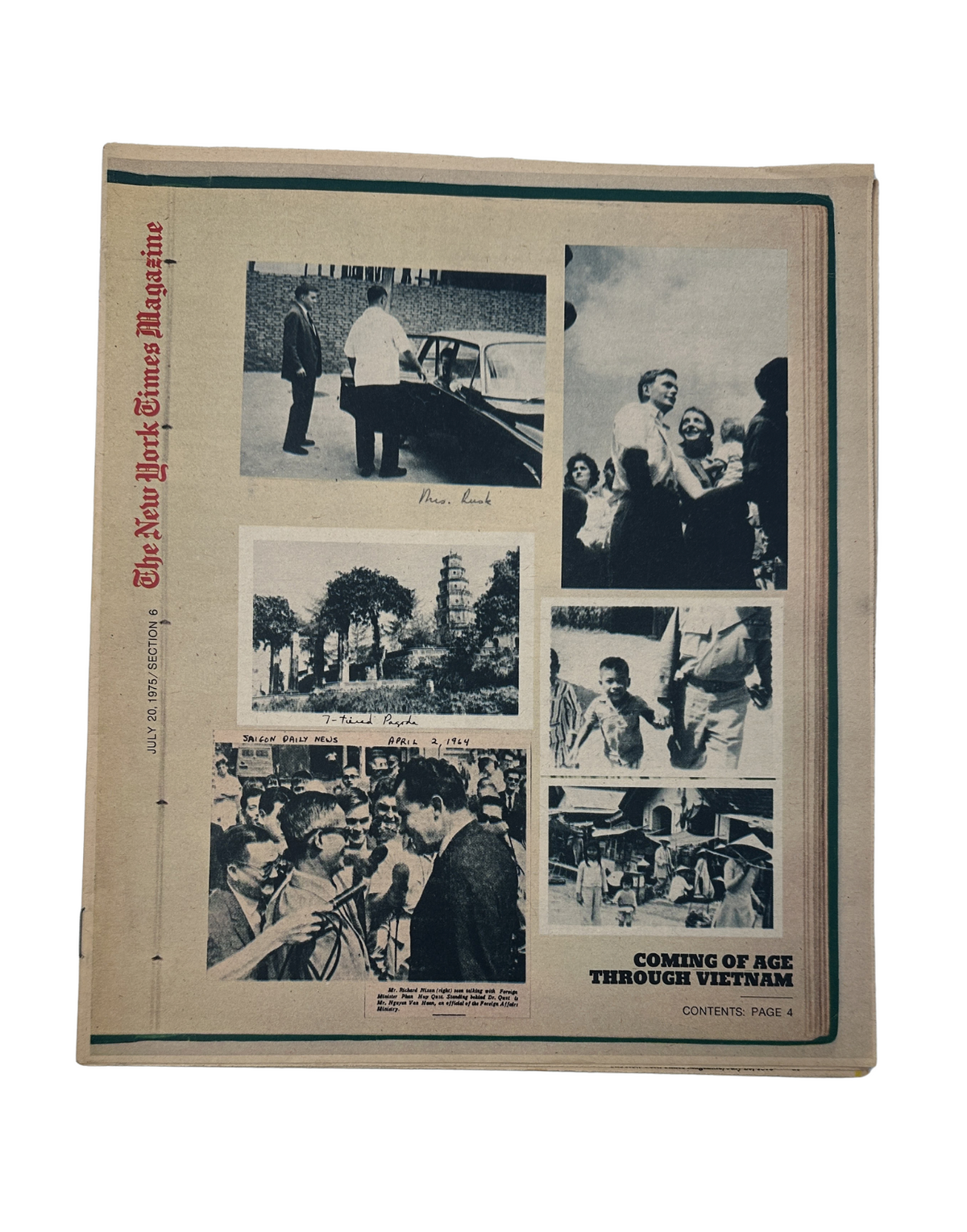 Cover of The New York Times Magazine from July 20, 1975, titled 'Coming of Age Through Vietnam.' The image features a collage of snapshots depicting significant moments related to Vietnam, including a family album picture, Anthony Lake with political figures, and interactions between Vietnamese children and U.S. soldiers.