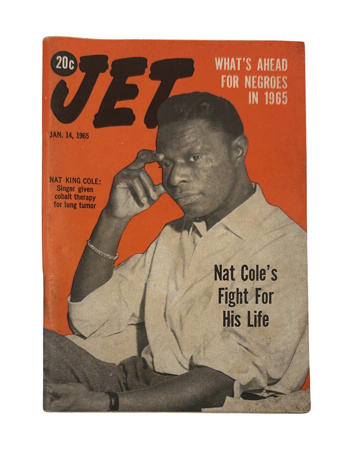 Jet Magazine January 14, 1965 featuring Nat King Cole on the cover, highlighting his fight for his life against a lung tumor, showcasing the topic of health and resilience in the African American community.