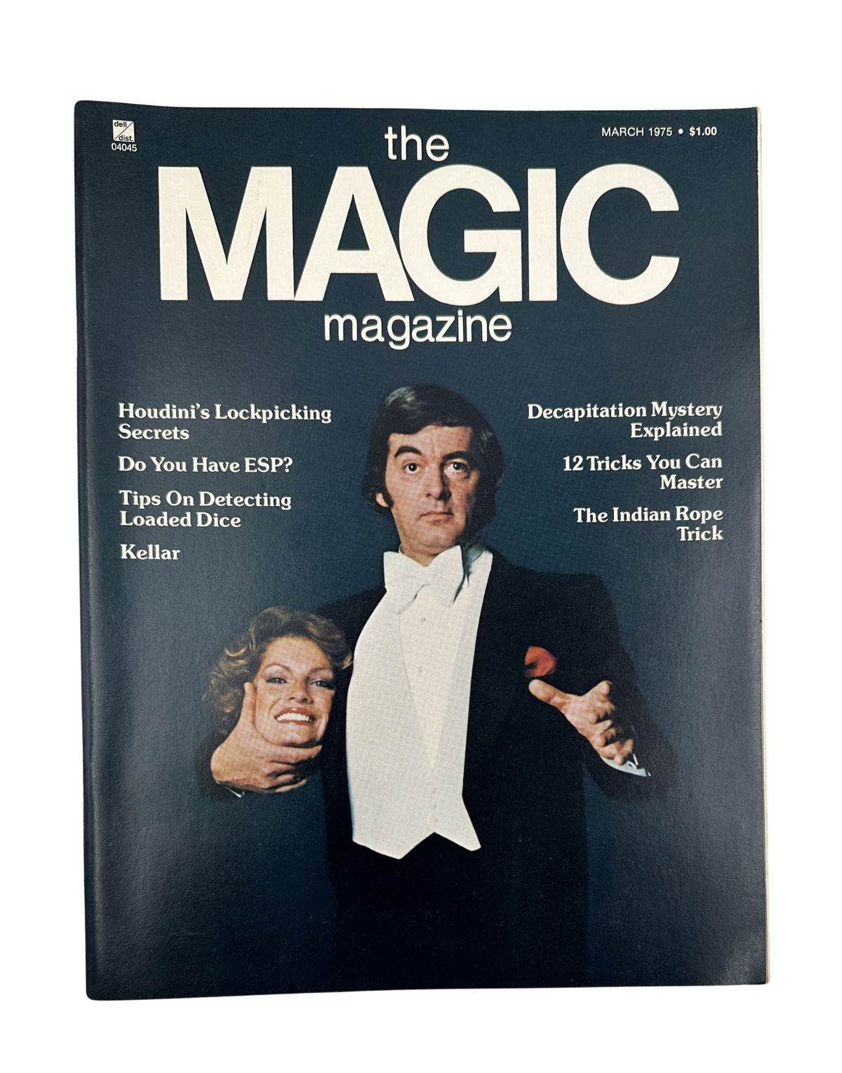 The Magic Magazine March 1975 featuring The Amazing Dorian on the cover, highlighting articles such as Houdini's Lockpicking Secrets and Decapitation Mystery.