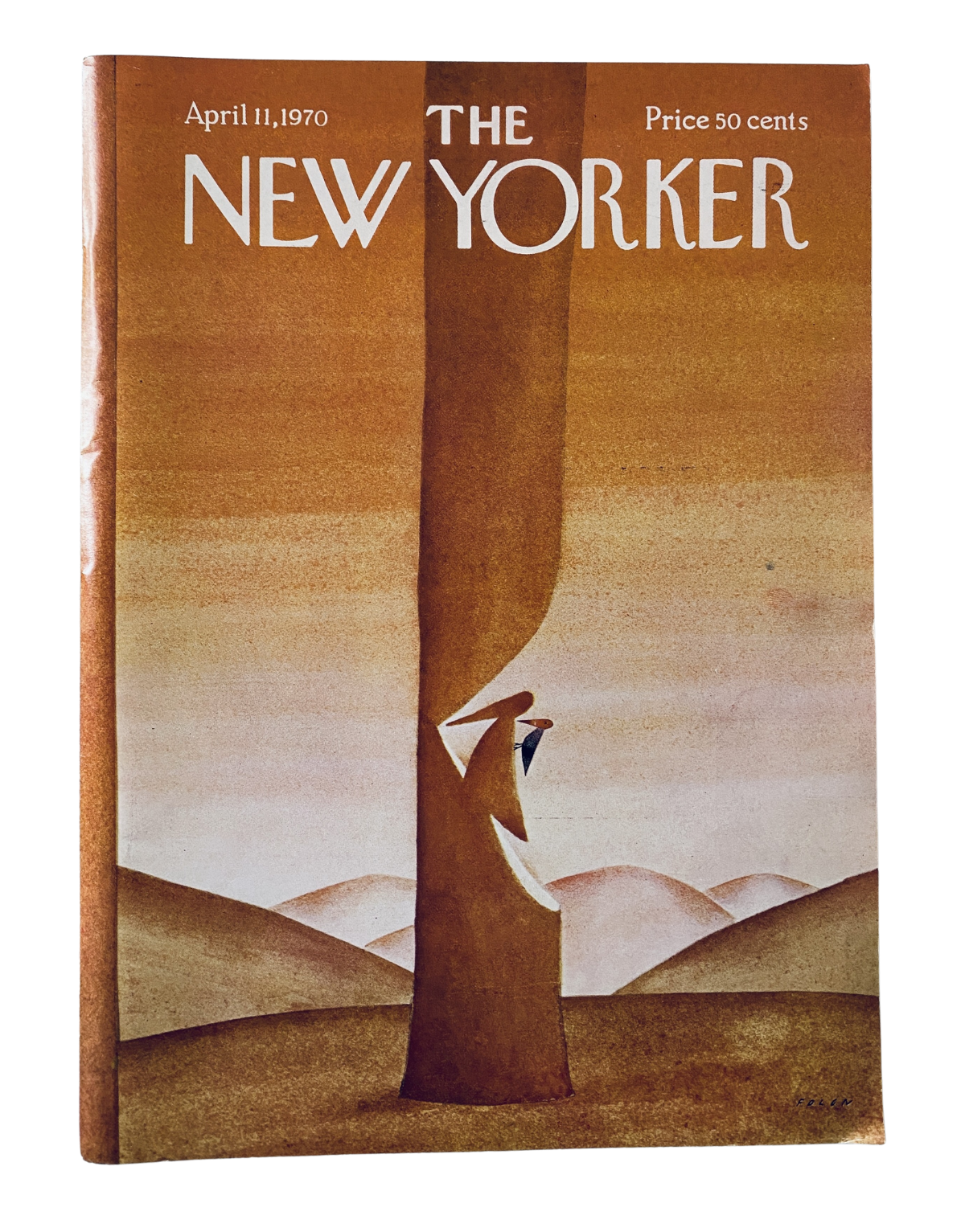 Cover of The New Yorker Magazine dated April 11, 1970 featuring artwork by Jean-Michel Folon, depicting a tree with a mysterious figure, showcasing an artistic and vintage magazine design.