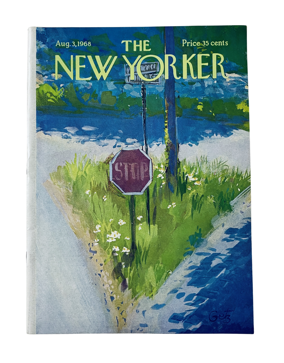 Cover of The New Yorker Magazine dated August 3, 1968, featuring a vibrant illustration of a stop sign in a lush landscape, created by artist Arthur Getz. The magazine is priced at 35 cents and is in very good condition.