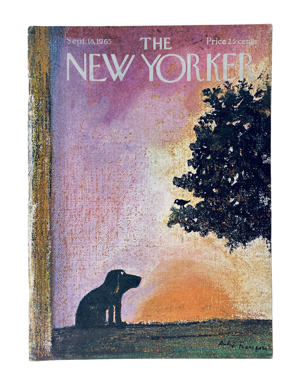 The New Yorker Magazine September 18, 1965 cover featuring a picturesque sunset, a silhouette of a dog sitting beneath a tree, artwork by André François.