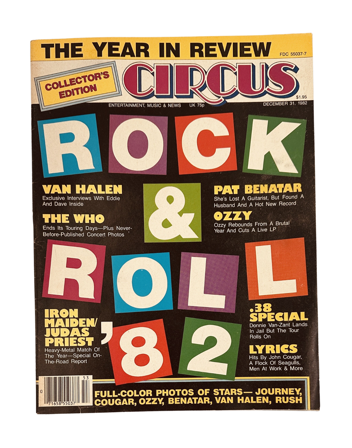 Circus Magazine December 31, 1982 cover featuring 'Rock & Roll 82' with highlights including Van Halen, Pat Benatar, Iron Maiden, and Judas Priest. Collector's edition showcasing major music news from the year.
