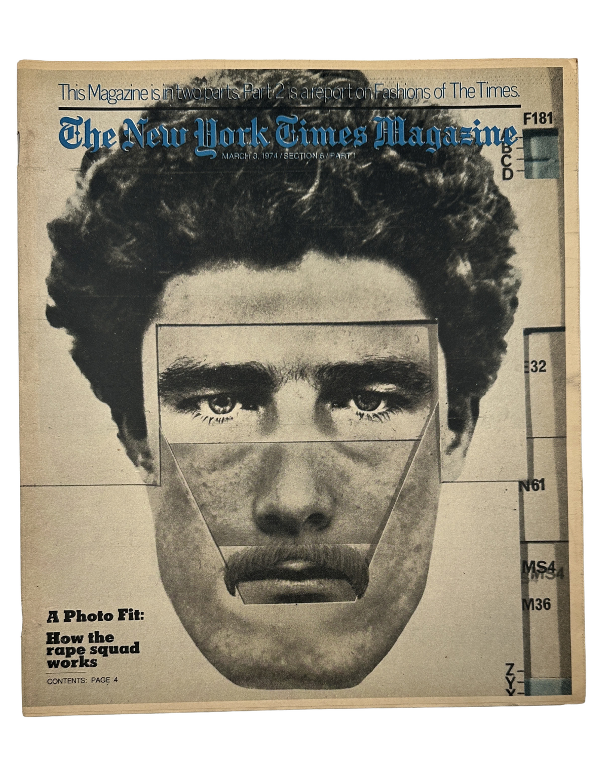 Cover of The New York Times Magazine dated March 3, 1974, featuring the article 'A Photo Fit: How the Rape Squad Works'. The image depicts a facial feature kit used by New York police to help rape victims describe suspects, highlighting the magazine's focus on serious societal issues.