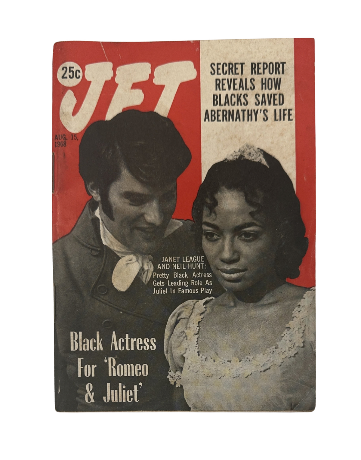 Jet Magazine August 15, 1968 featuring Janet League & Neil Hunt on the cover, highlighting how Blacks saved Abernathy's life, alongside the note 'Black Actress For Romeo & Juliet'.